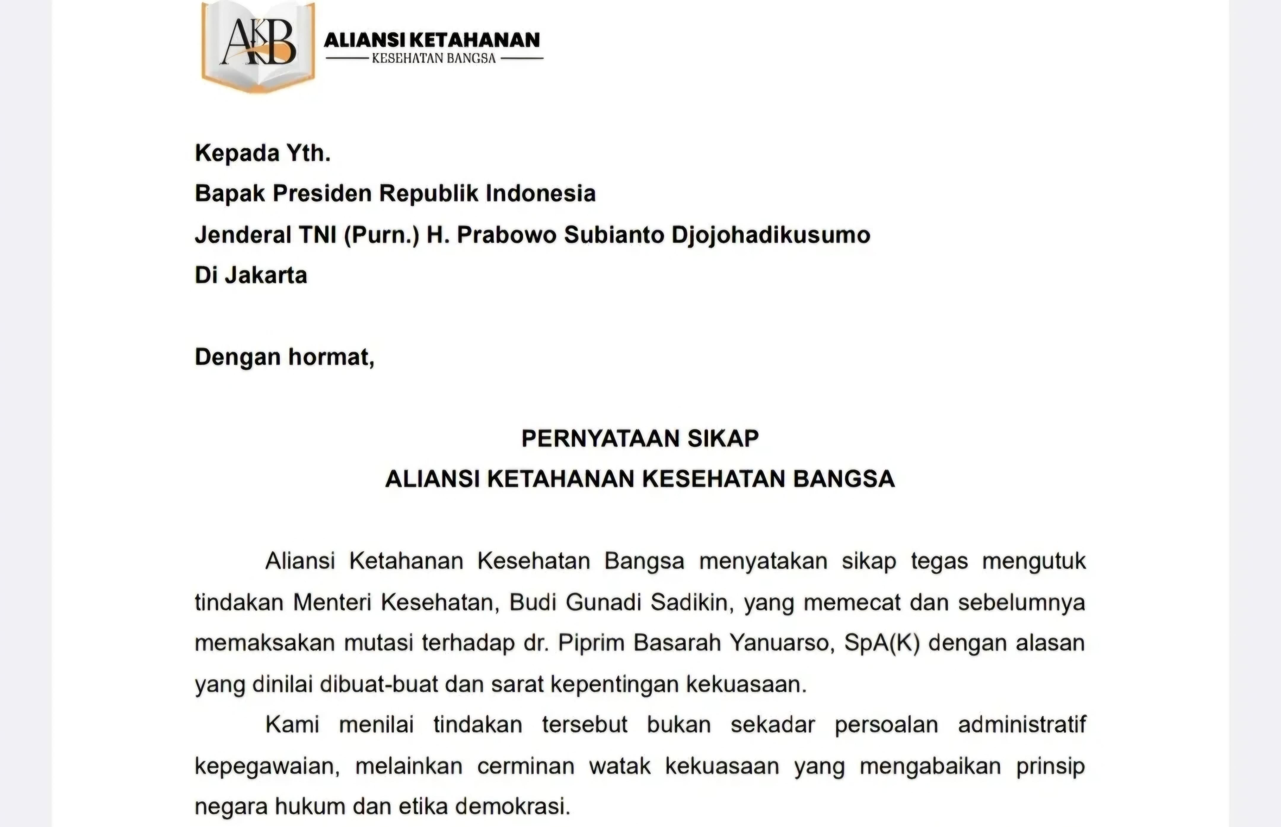 Aliansi Ketahanan Kesehatan Bangsa Desak Presiden Prabowo Copot Menkes Budi Gunadi Sadikin